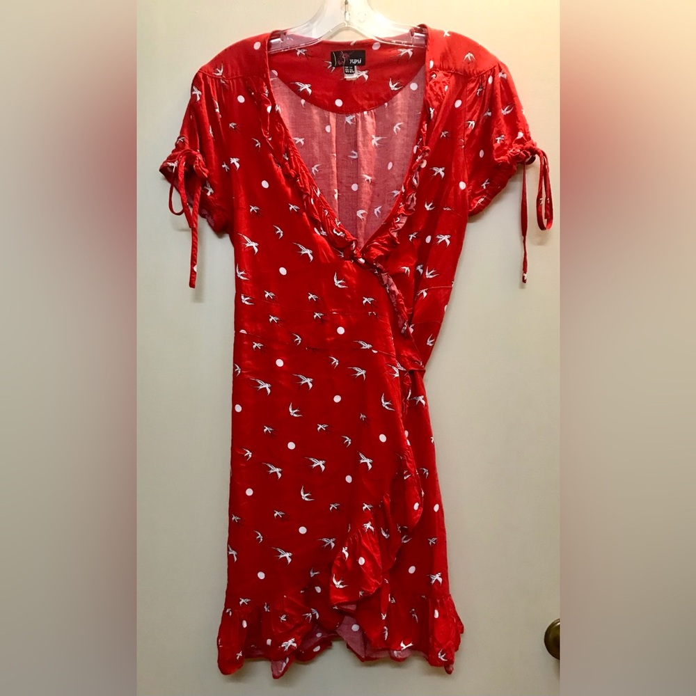 Vintage Yumi Red Wrap Dress With White Bird Print